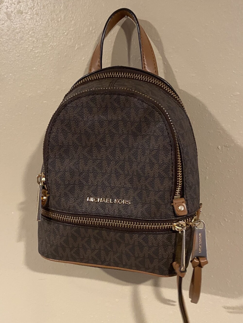 Michael Kors Rhea Zip Signature Logo Backpack Brown Monogram Crossbody Mini